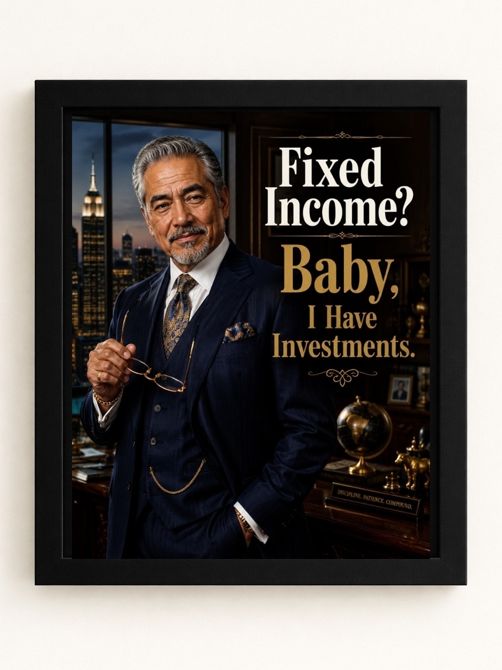 8x10 Framed Wall Art - 'Fixed Income? Baby, I Have Investments.' A.I. Art Print